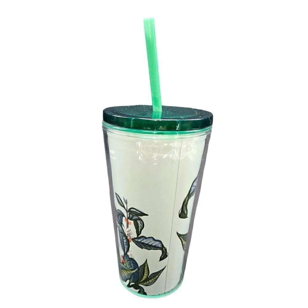 2021 Starbucks Tumbler Cup 16 ozs Seal‎ Lid Straw Green Orange Floral Tropical